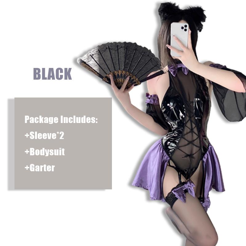Women Sexy Pajama Lingerie Costumes Set Cosplay Halloween Dress Backless Latex Bodysuit Anime Leather Halter Neck Mesh Patchwork