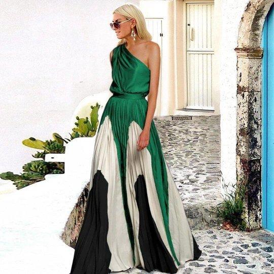 Frühling und Sommer Neue Damenbekleidung Kontrastfarben Spleiß Sexy Schulterfrei Langes Kleid Kleid Kleid