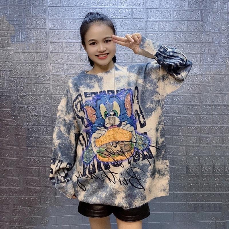 Chic Korean Style Rhinestone Print Round Neck Sweater for Women (2026 Winter Collection)