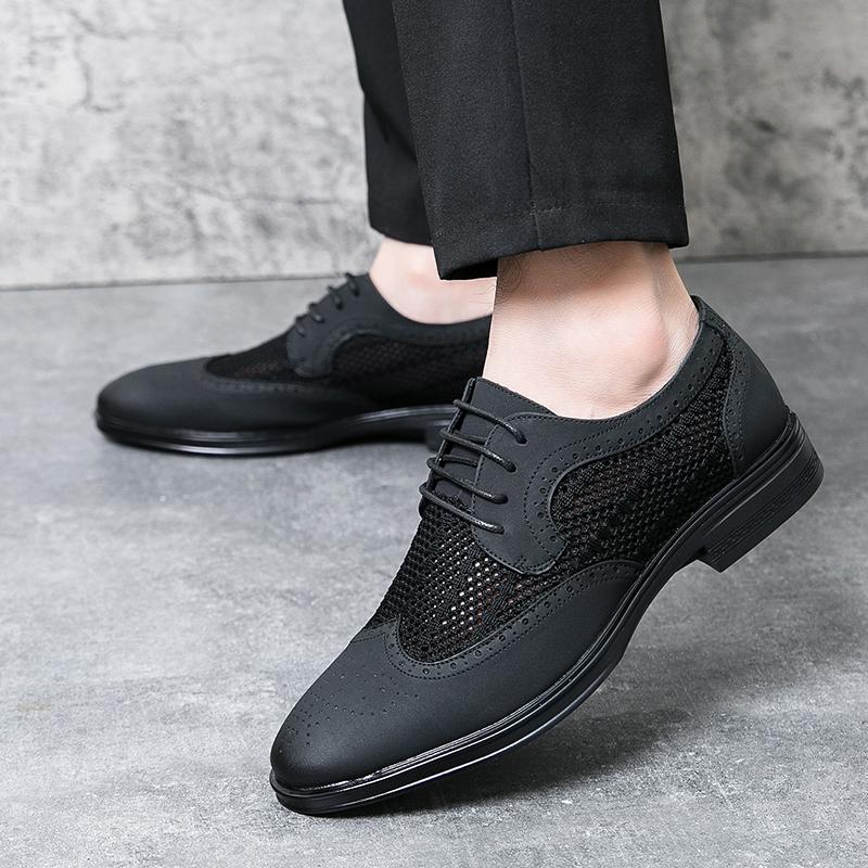 Summer Men Business Dress Shoes Pointed Mesh Breathable Casual Leather Shoes Lace Up Business Block Shoes Sizes 38-46 Men Shoes