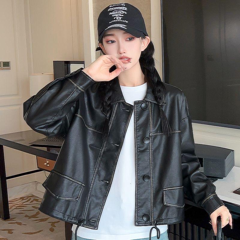 

Новая женская куртка петит в стиле ретро из черной кожи, повседневная, свободного кроя, 2024 M (recommended 95-110 jin)