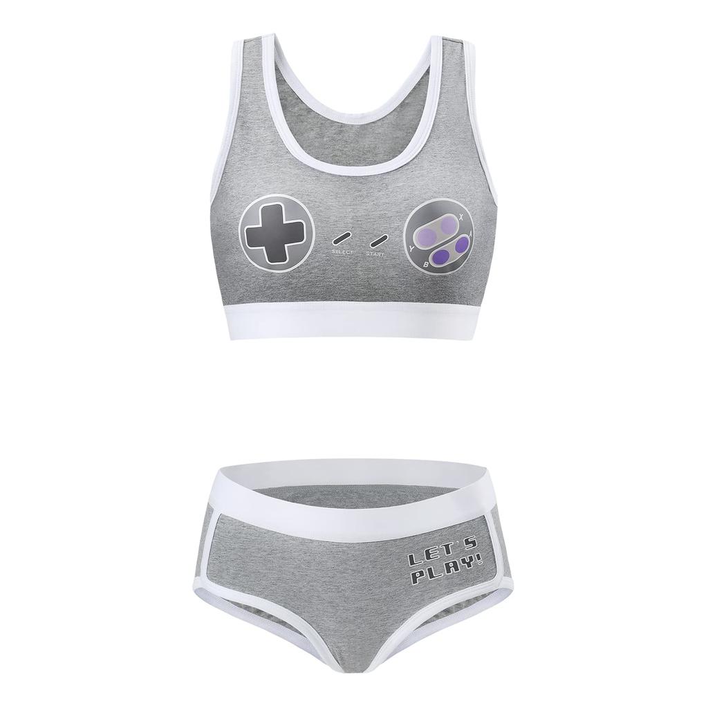 LittleForBig Women's 2-Piece Bralette Set (Gamer Girl) Cotton Cami and Panties, Gray, Size 2XL