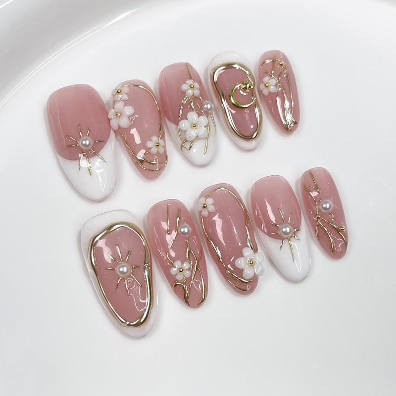 Gel Nail Tips With Floral Pearl Embellishment French Style Ice-Transparent Nude Pink Women