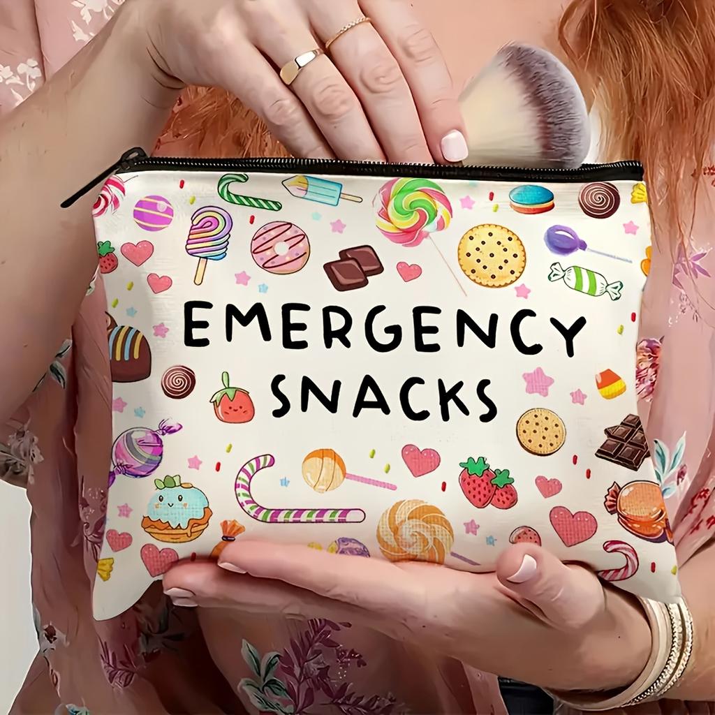 Emergency Snacks Travel Pouch - Lightweight Foldable Cosmetic Bag with Secure Zipper Closure, Durable Polyester Candy-Themed Des