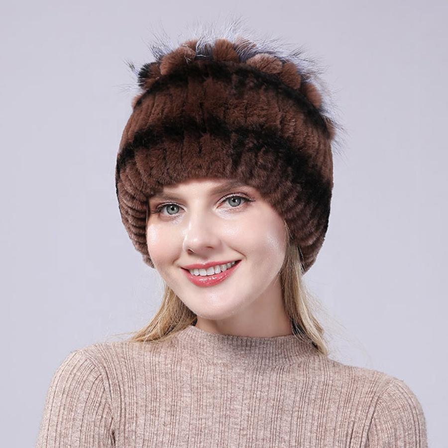 Winter Premium Rabbit Fur Beanie Hats Genuine Rabbit Fur Caps Women Winter Fur Rex Rabbit Knitted Hats Warm Beanie Caps