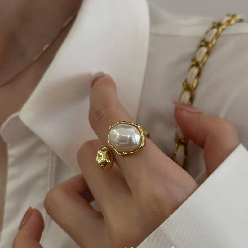Irregular Oval Imitation Baroque Pearl Open Ring for Women Girl Light Luxury French Fashion Jewelry Accessories