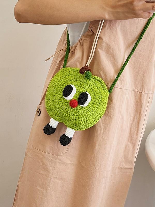 Apple Knitted Mini Crossbody Bag With Drawstring Closure For Kids And Teens
