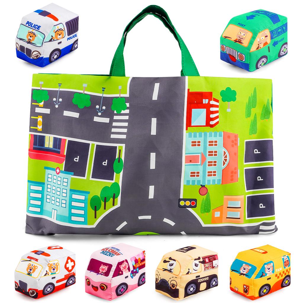 Baby Montessori Weiches Auto Spielzeug mit Karten Spielmatte und Aufbewahrungstasche