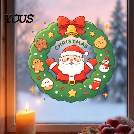 Seasonal Window Murals Christmas Santa Claus Wreath Cling, Cartoon Static Sticker, PVC Clings Waterproof Glass Decal for Home Holiday Party And