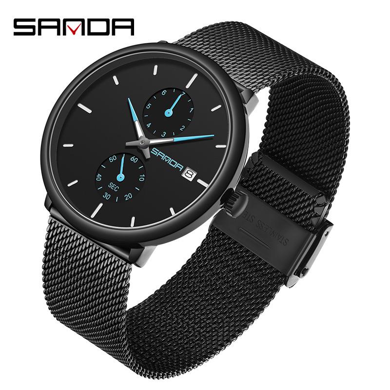 SANDA 1115 Men's Quartz Watch with New Leather Strap and Trendy Calendar Mesh Design