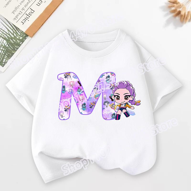 KPop Demon Hunters Child Short Sleeve T-shirt Cartoon Rumi Mira Zoey A-Z Print Cotton Tops Kawaii Summer Casual Tees Kids Gifts