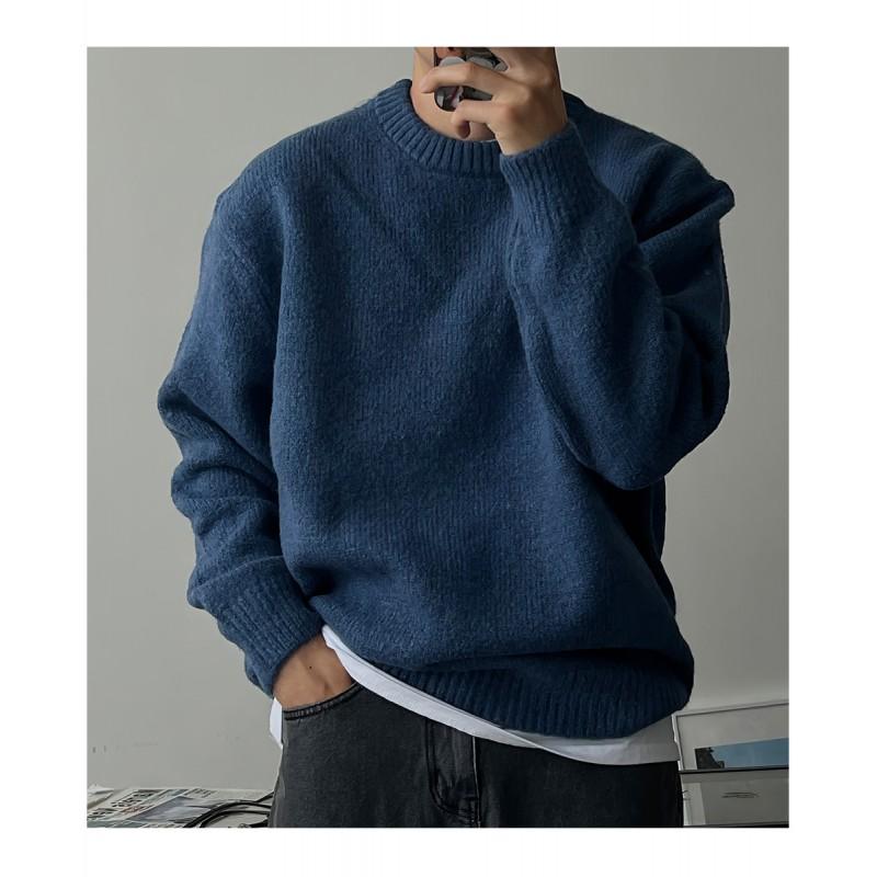 Mens Solid Color Oversized Round Neck Knit Sweater Warm Thick Casual Winter Top