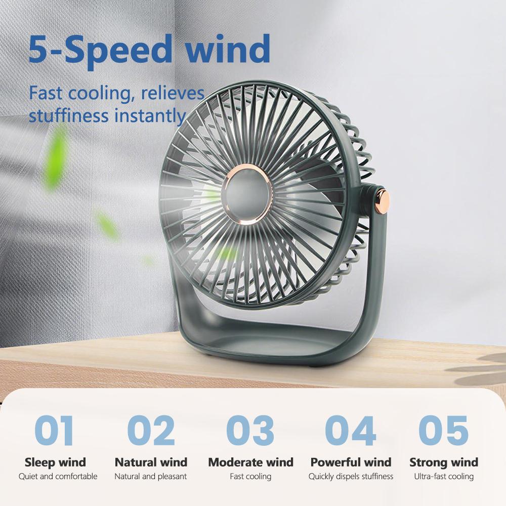 Home Portable Mini Desktop Fan USB Rechargeable Fan 5-Speed Wind and LED Light 360° Rotation 6 Inch Quiet Fan for Bedroom Office