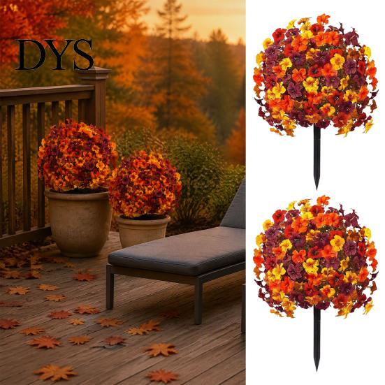 Fake Flowers for Decoration Artificial Fall Outdoors, Autumn Topiary Ball, UV Resistant Faux Mums with Ground Easy Care Decorative Spike Planters