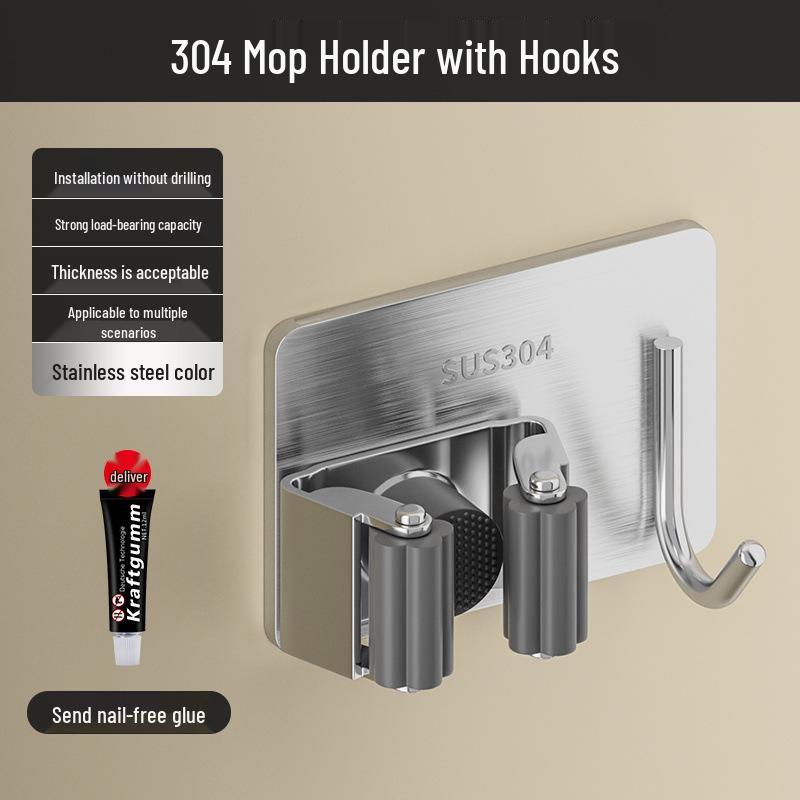 Stainless Steel No-Punch Wall Mount Mop & Broom Holder Clip
