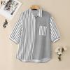 ZANZEA Women Casual Turn Down Collar Short Sleeve Stripe Blouse