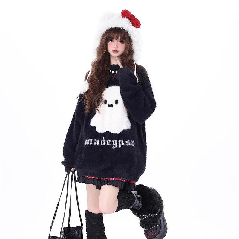 Ghost Pattern Red Women's Sweater Christmas Oversized Round Neck Knitted Shirt Loose Winter Fashion Woman Long Sleeved Top
