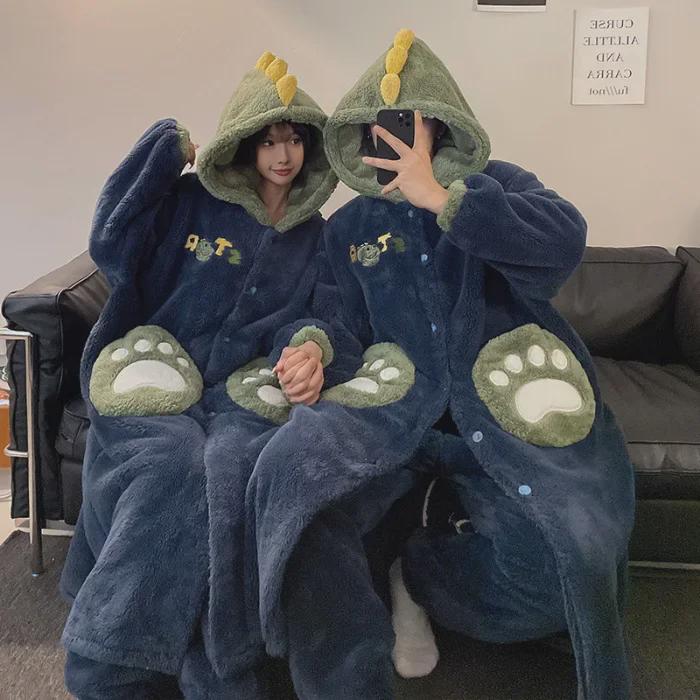 Winter Panda-Pyjama-Set für Paare: Korallfleece Damen Nachthemd & Herren Flanell Homewear