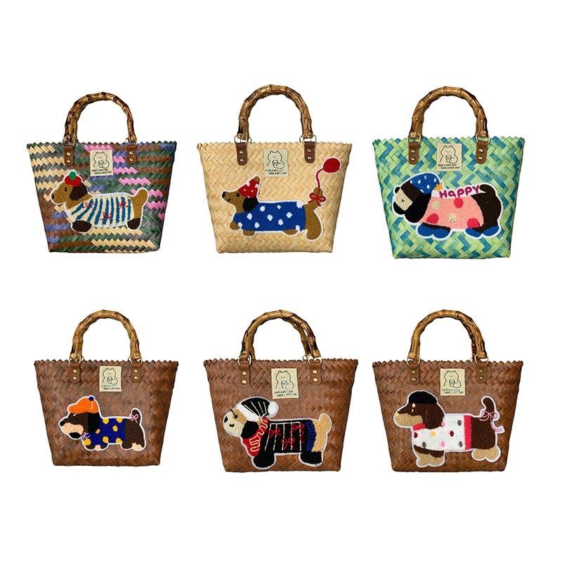 Retro Striped Dachshund Dog Woven Bag Trendy Cute Handbag Large Capacity Tote Bag  Bamboo Handle Vegetable Basket Bag