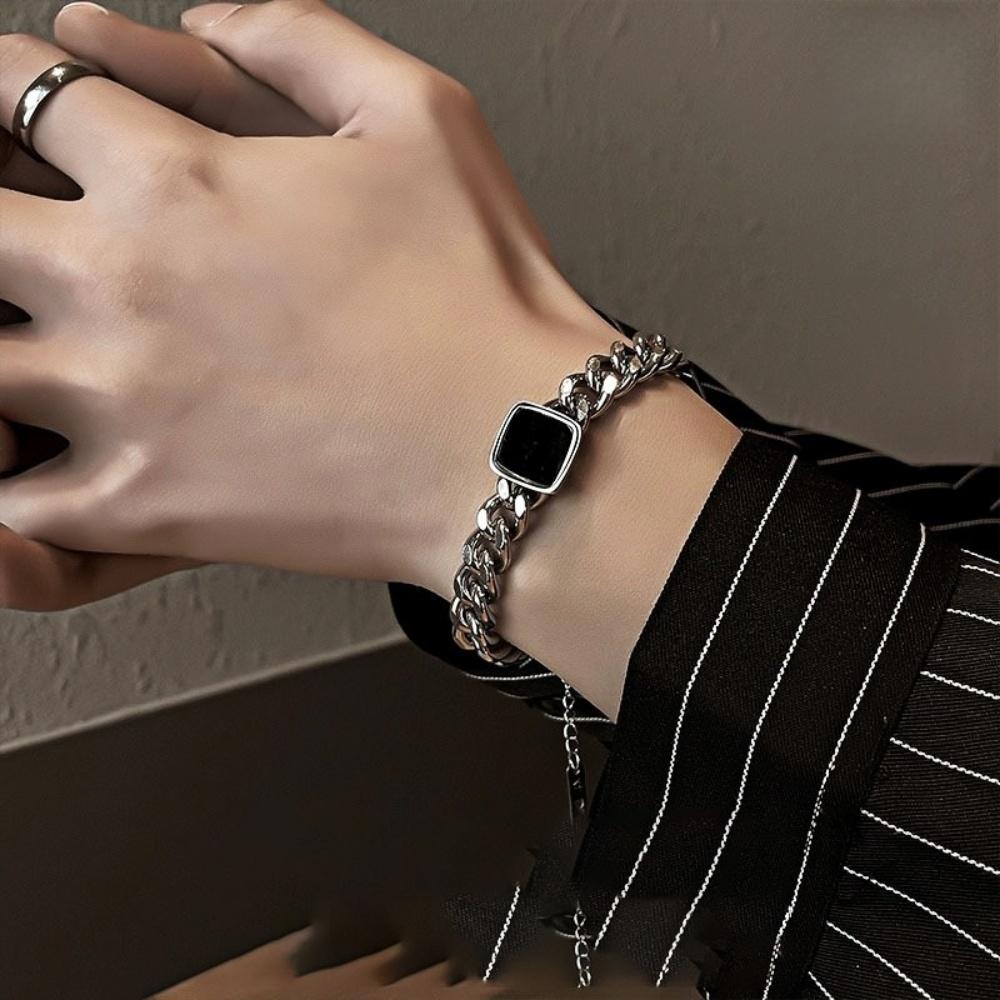 Retro Square Black Gemstone Men Bracelet Hip Hop Thick Chain Stainless Steel Bracelet Simple Cuban Chain Jewelry Accessories