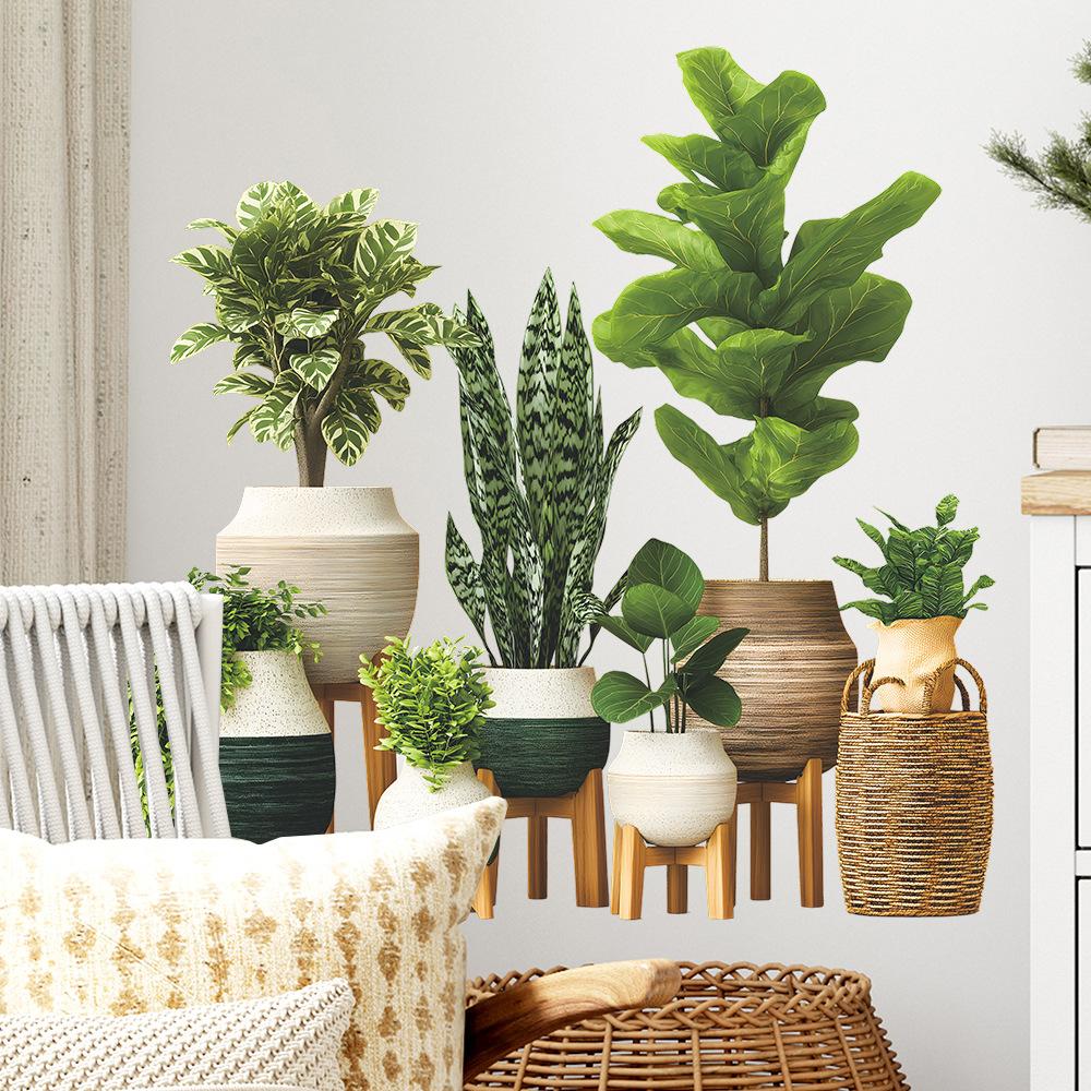 Artificial Green Plant Potted Wall Sticker Waterproof Eco Friendly PVC Removable Self Adhesive Decor For Living Room Entrance Wall