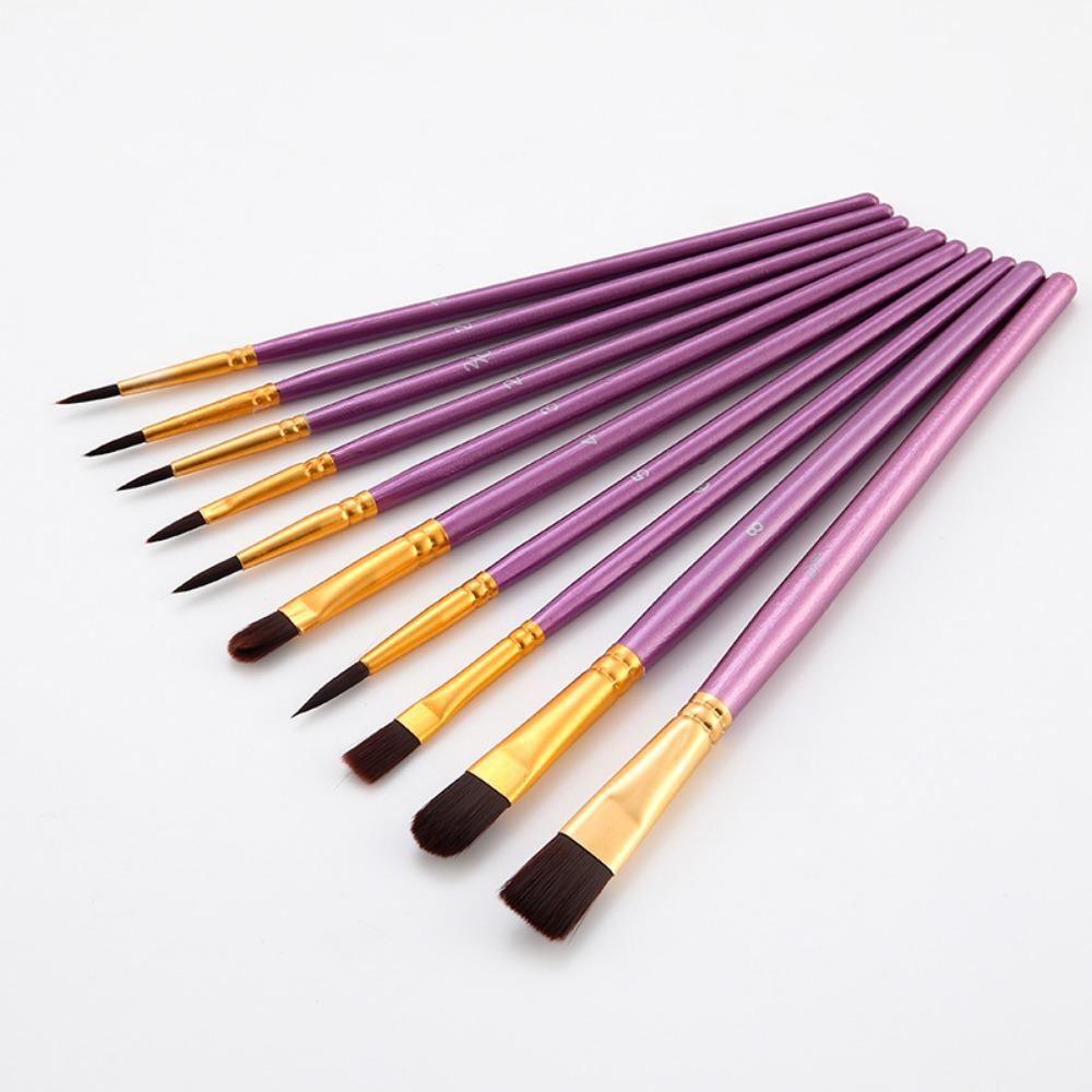 10 Nylon Brush Sets, Wooden Poles, Watercolor Paint, Oil Painting Brushes, Student Art Painting Brushes
