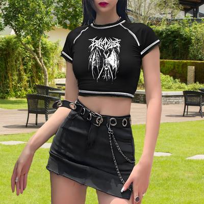 Yousheng Women T-shirt Round Neck Short Sleeve Printing Cropped Tops Navel Exposed Tops Soft Breathable Tee Shirt