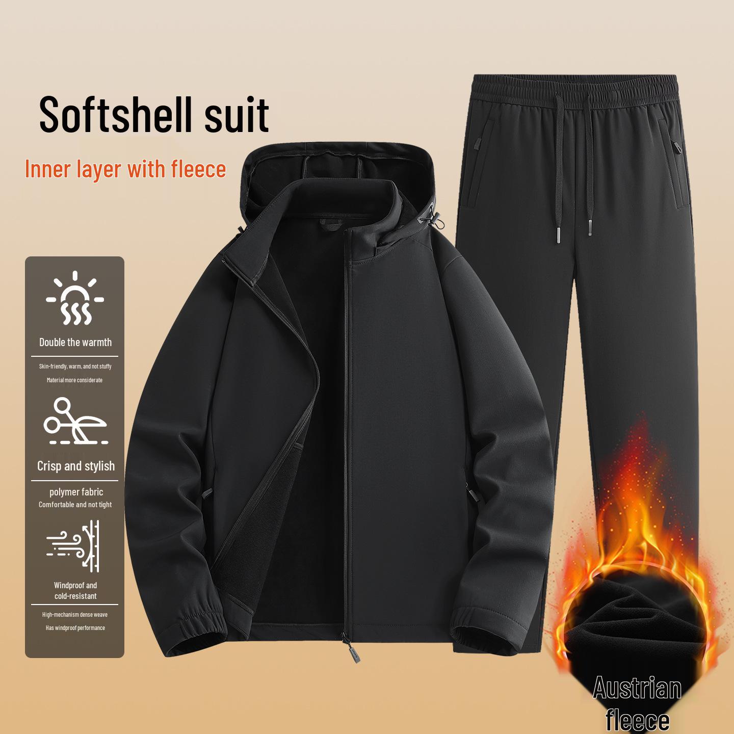 

Мужской комплект из софтшелла с флисовой подкладкой - Куртка с капюшоном и брюки, Теплый, Повседневная одежда для занятий спортом на открытом воздухе для осени и зимы 5XL чёрный