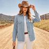 Women's Long Sleeve Denim Jacket with Lapel Collar, Beaded, Cargo Pockets and Hem