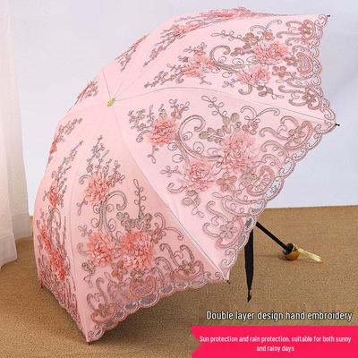 Tian Tang 3-Fold Sun & Rain Umbrella with 3D Embroidery Lace, Double Layer Black Glue Sun Protection