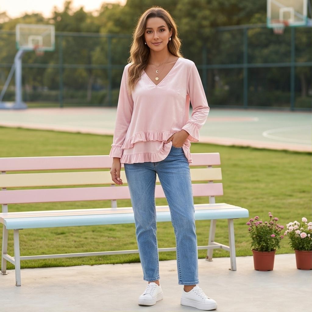 Women's Casual V-Neck Lace Trim Color Blouse for Everyday Wear