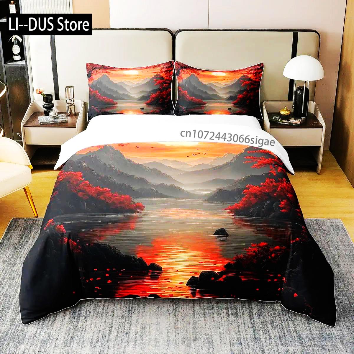 

Japanese Landscape Duvet Cover Set For Teens Adults Queen Quilt Covers Lightweight Down 2 Pillowcases 1 Duvet Cover No Comforter 135x200cm чистий