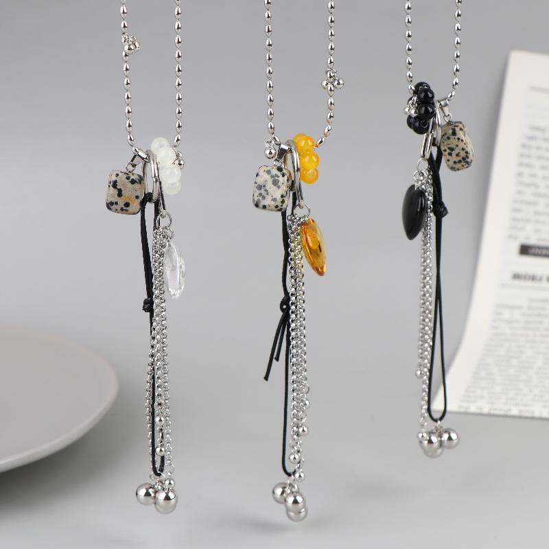 Colorful  Heart Tassel Pendant Necklace For Women Girls Spotted Squares Charm Long Chain Neck Jewelry Gift