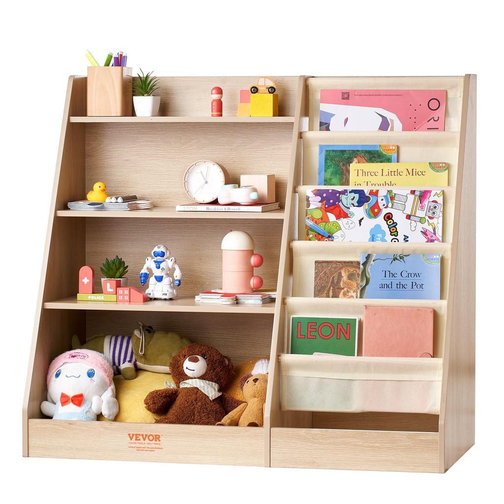 4-Tier Kids Wooden Bookshelf, Six-Layer Sling Bookcase, Baby Storage Book Rack, Book Toy Organizer Cabinet, for Kids Room, Playroom, Kindergarten,