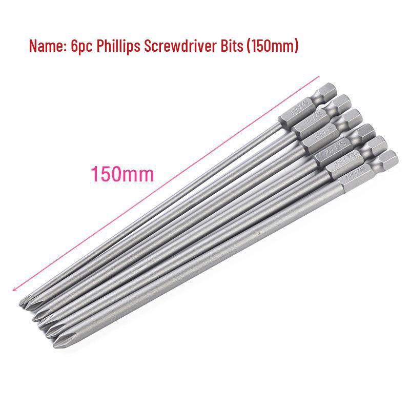 6-Piece 150mm Long Phillips Screwdriver Bit Set, PH1 & PH2, S2 Material