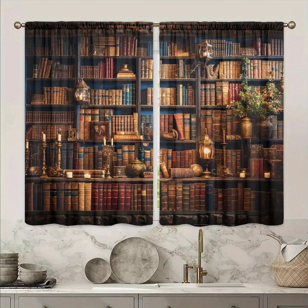 Set Of 2 Jit Bookshelf Printed Curtain Curtains Living Room Library Decor Blackout For Made Polyester With Rod Pocket