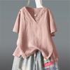 Sommer Nationalstil Einfarbig Retro Einfarbiges Oberteil Große Größe Lässig Locker Hanf Kurzarm Pullover V-Ausschnitt T-Shirt Damenbekleidung