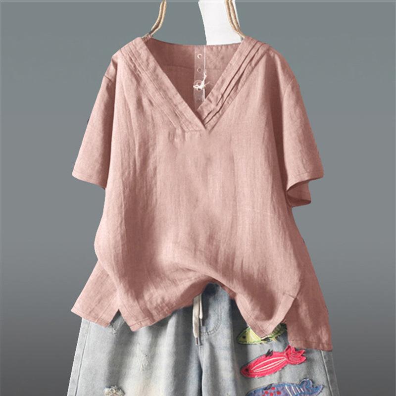 Sommer Nationalstil Einfarbig Retro Einfarbiges Oberteil Große Größe Lässig Locker Hanf Kurzarm Pullover V-Ausschnitt T-Shirt Damenbekleidung