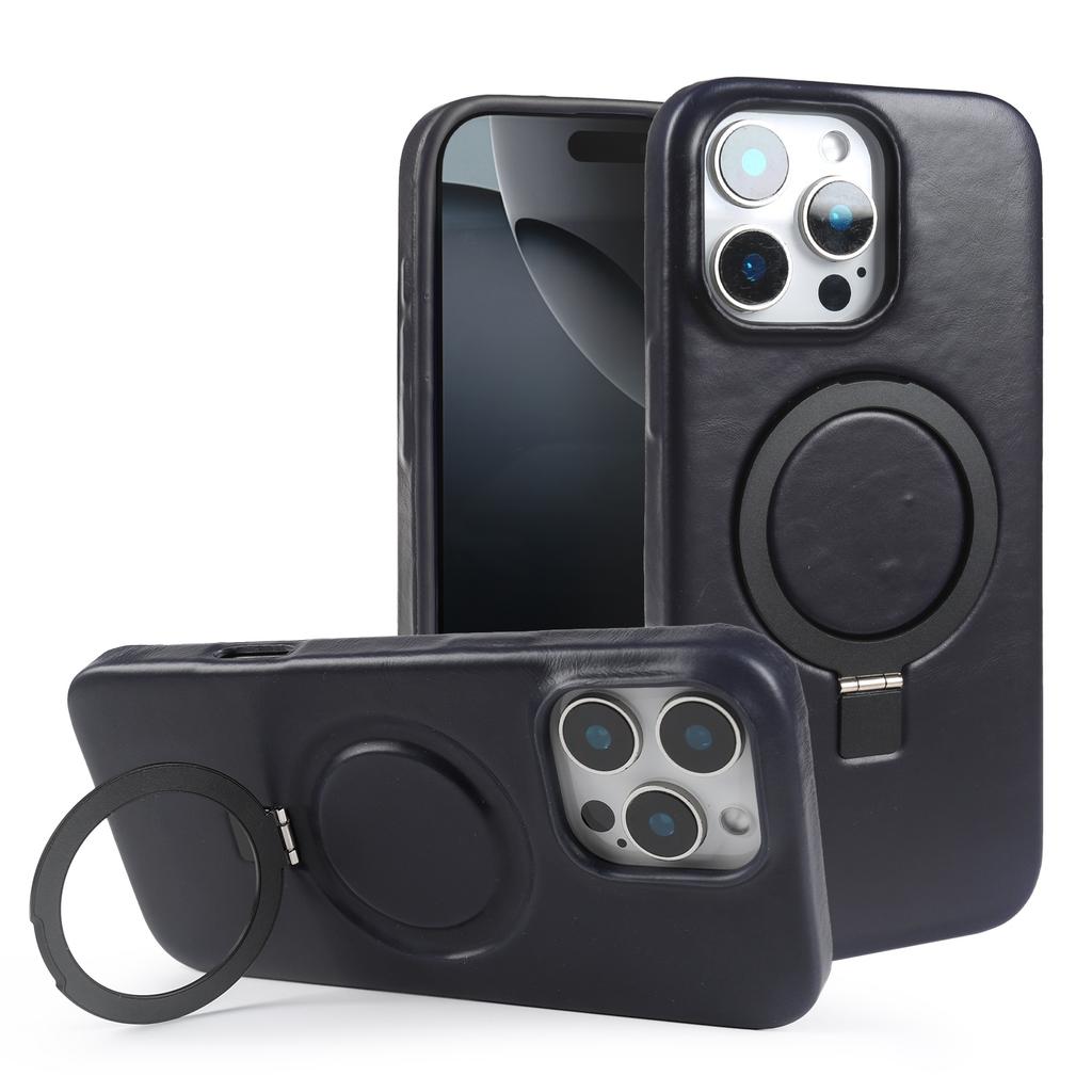 Stand Bracket Genuine Leather Case For iphone 16 Pro Max 16e 15pro 14 13 12 11 Full Wrapped Phone Cases Cover+Magnetic Holder