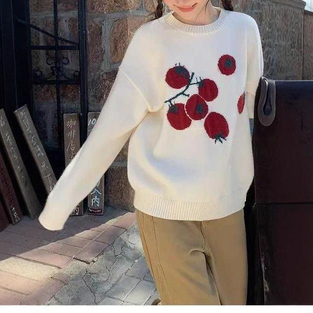 2025 Gentle Tomato New Jacquard Crew Neck Knitted Sweater Autumn and Winter Casual Loose Soft Waxy Top Tide