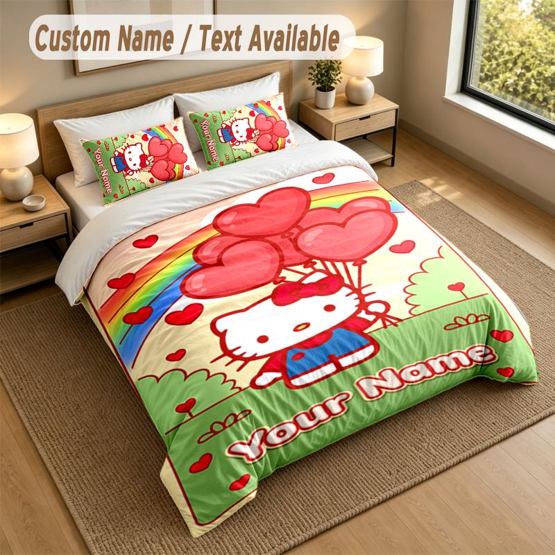 3Pcs Bedding Set Custom Name Text, 1 Sheet 2 Pillowcases Home Bed DecorHello Kitty