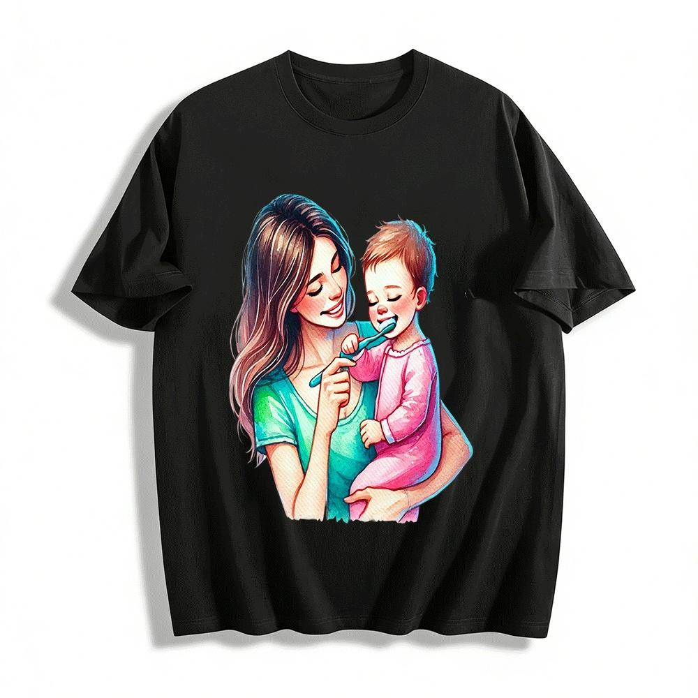 Warm Parent-child Tooth-brushing Print Adult T-shirt Pure cotton T-shirt XXS