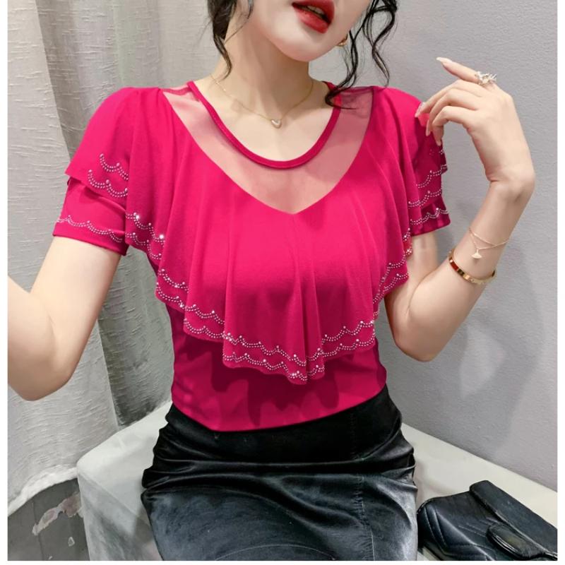 New Chic Summer Elegant Women T-Shirt Clothes Sexy Luxury Shiny Diamonds Tops Short Sleeved Ruffles Mesh Tees Blusas