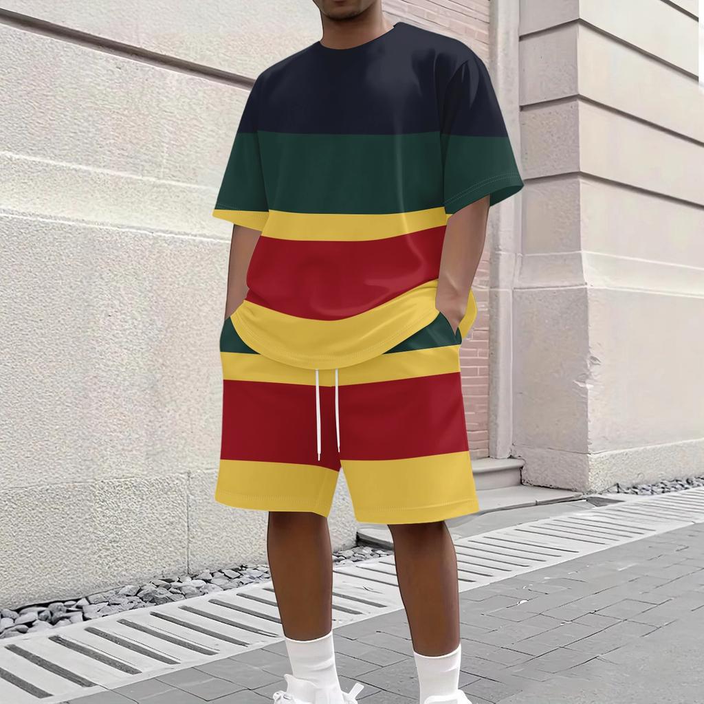 Men's Casual Short Sleeve Crew Neck T-Shirt and Shorts Set Striped Pattern Lightweight Breathable Summer Outfit for Daily Wear