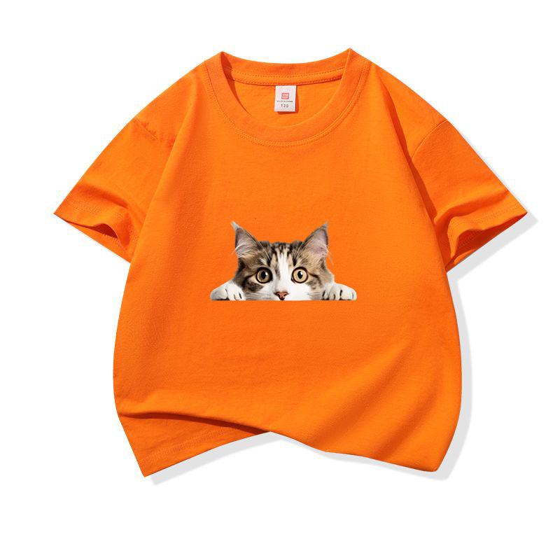 Kids Cotton T Shirt Peeking Domestic Shorthair Cat Graphic Crew Neck Short Sleeve Tee Casual Breathable Boys Girls Summer Tops
