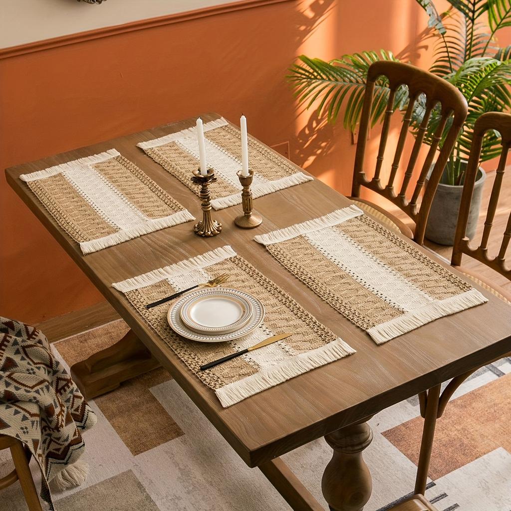 Boho Hand-Woven Cotton Placemats Set Rustic Table Mats Tassels Reusable Heat-Resistant Placemats Dining Table Party Decor