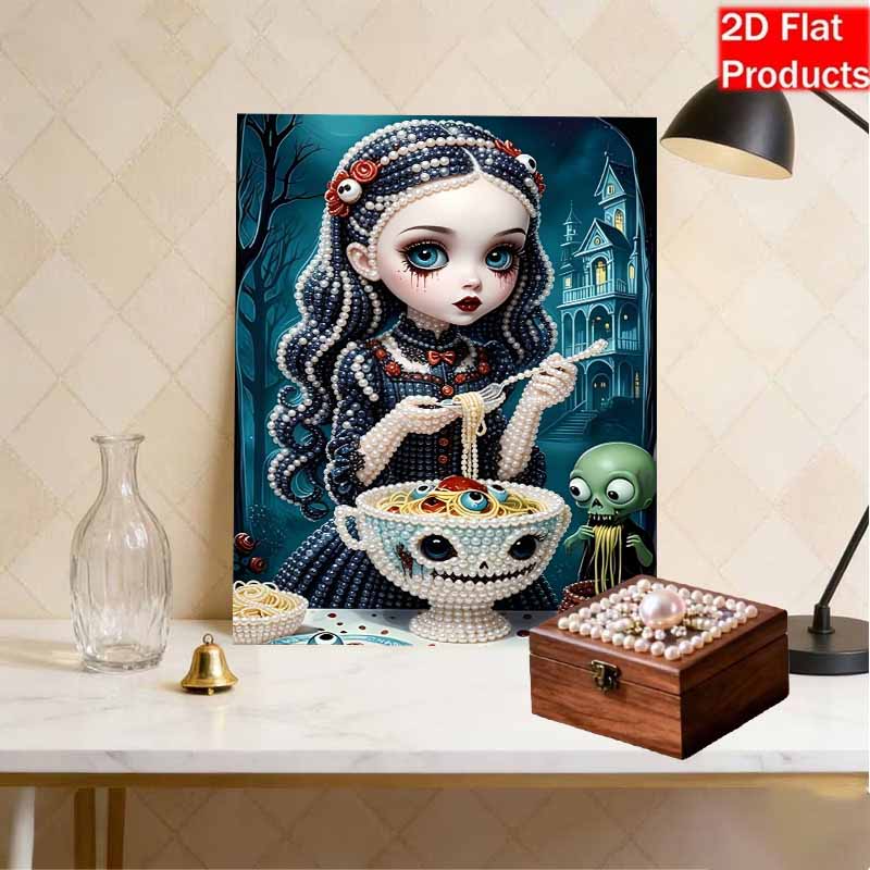 DIY Pearl Bead Art Canvas Gothic Girl Eating Pasta Pattern Frameless 3D Painting Kit for Bedroom Living Room Wall Decor