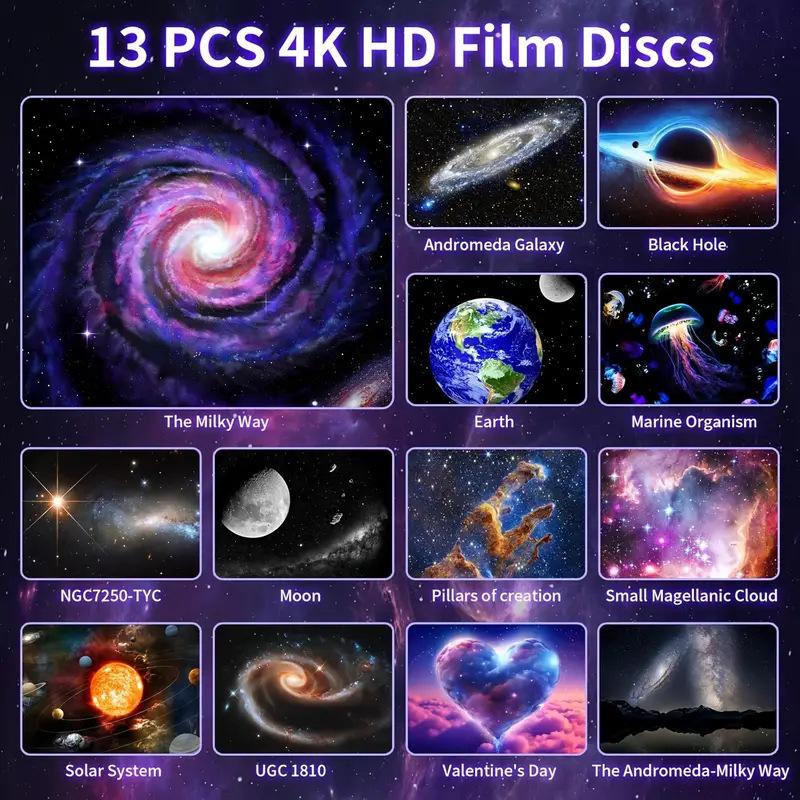 Sternenprojektor mit 13 Filmen, Sternschnuppeneffekt, RGB-Farbwechsel, Atmosphärenlicht, 4-Tasten-Steuerung und Timerfunktion.