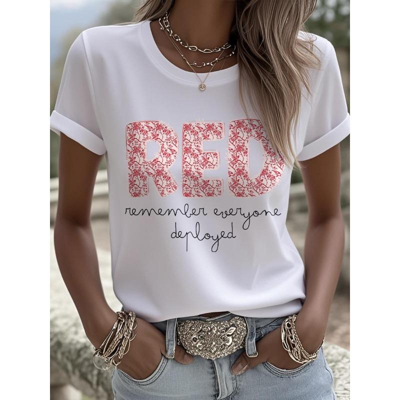 Hot Sale Womens Red Friday Print TShirts Summer Short Sleeve Tops Casual Round Neck Tees