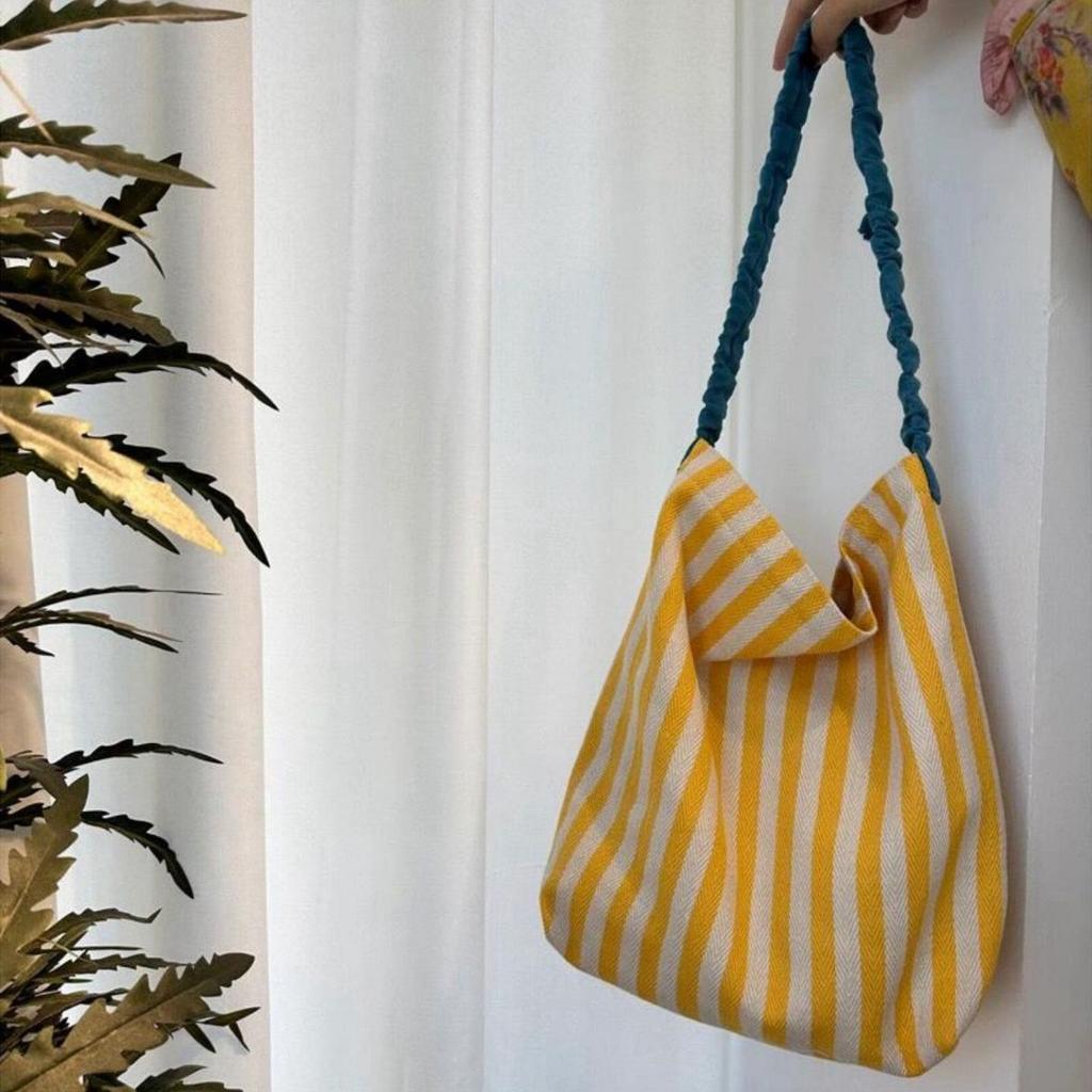 Summer Small Fresh Shoulder Canvas Bag New Contrasting Stripes Large Capacity Pleated Shoulder Strap